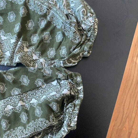 White Lotus Green and White Bohemian Print Tie Knot Elastic Pants with Pockets - Picture 7 of 13